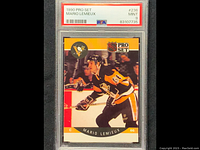 Front view of the graded 1990 Pro Set Mario Lemieux hockey card #236 showing card in protective PSA case with graded label MINT 9.