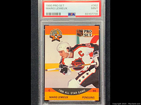 Front view of the graded 1990 Pro-Set Mario Lemieux All-Star hockey card #362 showing the grading label from PSA with Mint 9 grade.