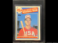 Front view of 1985 Topps Mark McGwire baseball card showing him in USA team uniform.