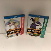 Front view of two Dragon Ball Z Blu-ray box sets showing colorful anime character artwork and 'All Action, No Filler!' labels.