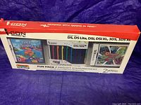 Full front view of unopened iCON Fun Pack box showing Super Collapse 3 game and rainbow styluses, compatible with multiple Nintendo DS models.