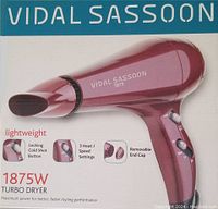 Front of box showing Vidal Sassoon 1875W turbo dryer with features described (lightweight, locking cold shot button, 3 heat/speed settings, removable end cap)
