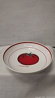 White round porcelain plate with a red painted tomato in the center and red double line border around the rim, photographed from the top center.
