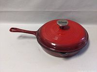 Cast enamel Lodge pan with lid, showing side view including handle and pour spout