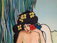 Close-up detail of Leda’s face, floral crown and swan neck