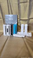 Four Nintendo Wii consoles (3 white, 1 black) positioned upright next to Wii remotes and the operations manual.