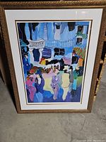 Full view of the framed colorful art deco inspired painting depicting a social gathering with figures in period attire.