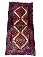 Full top-down view of rectangular Hamedan nomadic rug with geometric patterns and multiple decorative borders.