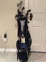 Full view of Titleist stand bag loaded with clubs against door