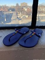 Pair of purple children's flip flops on window ledge with city backdrop.