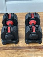 Pair of adjustable black/red dumbbells seated in their plastic stands on a wood floor