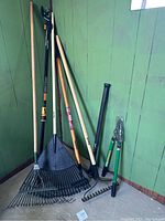 Photo showing a grouping of various garden tools including rakes, branch cutters, and a hoe against a green wall in a basement.