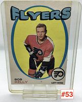 Front of the Bob Kelly 1970-71 Philadelphia Flyers hockey card showing player image, team, position, and card number #53.