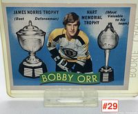 Front of Bobby Orr hockey card showing image of player between two trophies: James Norris Trophy and Hart Memorial Trophy, with name banner below.