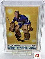 Front photo of Bruce Gamble hockey card in plastic case showing goalie in vintage Maple Leafs uniform with goalie equipment on yellow highlighted background.