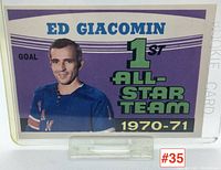 Front of Ed Giacomin 1st All-Star Team 1970-71 hockey card showing goalie photo, card number #35.