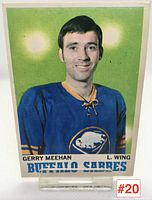 Front of Gerry Meehan 1969-70 Buffalo Sabres hockey card showing player portrait and team name