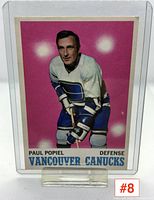 Front of Paul Popiel Vancouver Canucks 1969-70 hockey card in protective sleeve on stand. Pink background, player full figure pose.