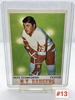 Front of hockey card showing Pete Stemkowski in N.Y. Rangers uniform, number 19, against a green background with glowing light spots.