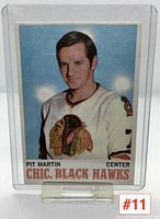 Front of Pit Martin 1969-70 Chicago Black Hawks hockey card, color photo of player in jersey.