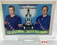 Front of the 1970-71 Vezina Trophy hockey card showing Ed Giacomin and Gilles Villemure with the trophy between them.