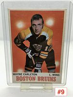Front image of the Wayne Carleton Boston Bruins hockey card depicting the player in uniform.