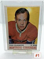 Front image of Yvan Cournoyer hockey card showing player portrait in Montreal Canadiens jersey.