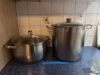 Two large stainless steel pots with glass lids on kitchen counter against tile backsplash.