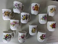Photo showing all 12 bone china coffee cups each with a distinct floral design, arranged in two rows on a flat surface.