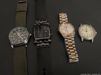 Five wristwatches displayed on black background: Seiko 5, LED digital, Wittnauer, Pacer