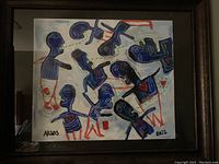 Framed original abstract artwork showing multiple blue figures with red hearts and black outlines on white background.