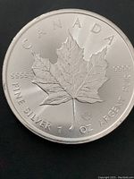 Front side of the coin showing the Canadian maple leaf, purity marks, and weight.