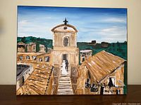 Front view of the entire signed painting featuring architectural elements and rooftops.