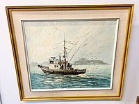 Front view of framed oil painting showing nautical marine boat on water with light sky and islands in background.