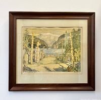 Full view of the framed aquatint print by Nicholas Hornyansky showing totem poles and a scenic landscape.