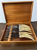 Open mahogany fitted box containing eight steak knives with curved antler-style handles.