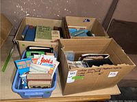 Photo of multiple cardboard and plastic bins filled with a variety of vintage books.