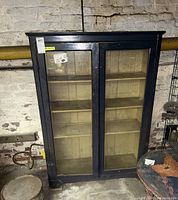 Front view of tall black wooden cabinet with two glass doors and three interior shelves against a brick wall background.