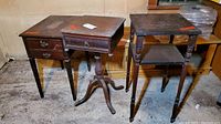 Photo of three vintage wooden tables showing top and front views, tables with various sizes and shapes against a concrete floor and pale wall