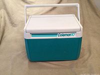 Front view of the cooler with closed lid showing brand and handle.