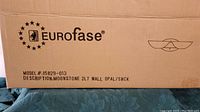 Box labeling showing Eurofase brand, model 15829-013, description as Moonstone 2LT Wall Opal/SNCK