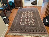 Full view of area rug laid on hardwood floor with fringe visible on one end, showing overall pattern and colors.