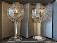 Pair of Waterford crystal goblets in original protective box showing etched and cut crystal designs.