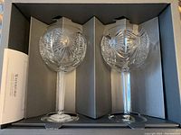 Pair of Waterford crystal goblets in protective grey box with divider, showing intricate cut crystal design and included Waterford documentation.
