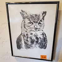 Frontal view of the black and white owl print in a black metal frame hung on a wall