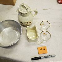 Full set with syrup pitcher, nut cups, sugar packet holder, metal bowl, and Sharpie for scale