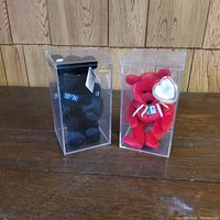 Photo shows two TY Beanie Babies in clear plastic display cases on a wood surface. The black Wayne Gretzky bear has
