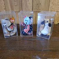 Photo of three Ty Beanie Babies inside clear plastic display cases on a wooden surface