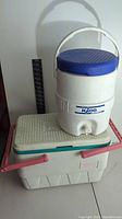 White Igloo water cooler jug with blue lid and handle sitting on top of a white picnic cooler with pink handles and green liner inside.