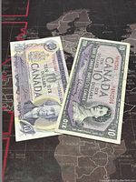 Two Canadian $10 banknotes laid out side by side showing front designs, one from 1954 and one from 1971.